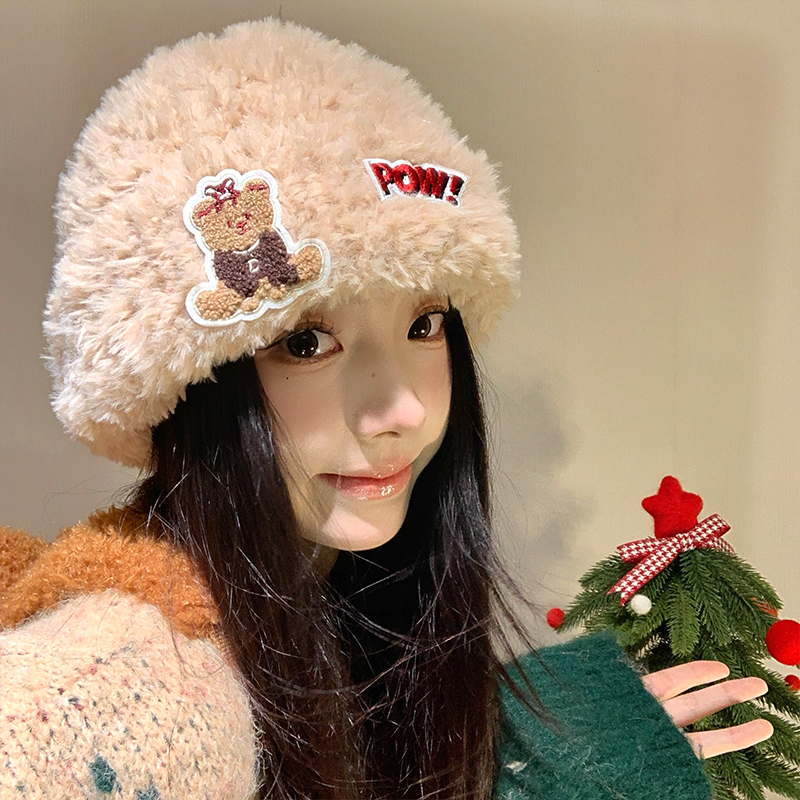 可爱小熊针织毛绒帽子女2025年