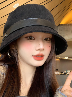 日系灯芯绒黑色渔夫帽女休闲百搭