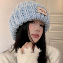 大头围贴布蓝色针织毛线帽女2025年秋冬季 显脸小百搭帽子护耳冷帽