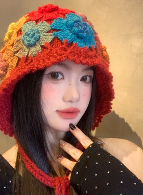 民族风彩色花朵镂空针织帽子女川西旅游红色包头帽显脸小套头帽子
