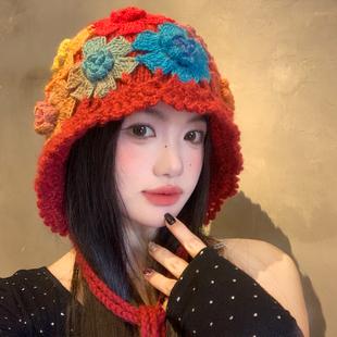 民族风彩色花朵镂空针织帽子女川西旅游红色包头帽显脸小套头帽子