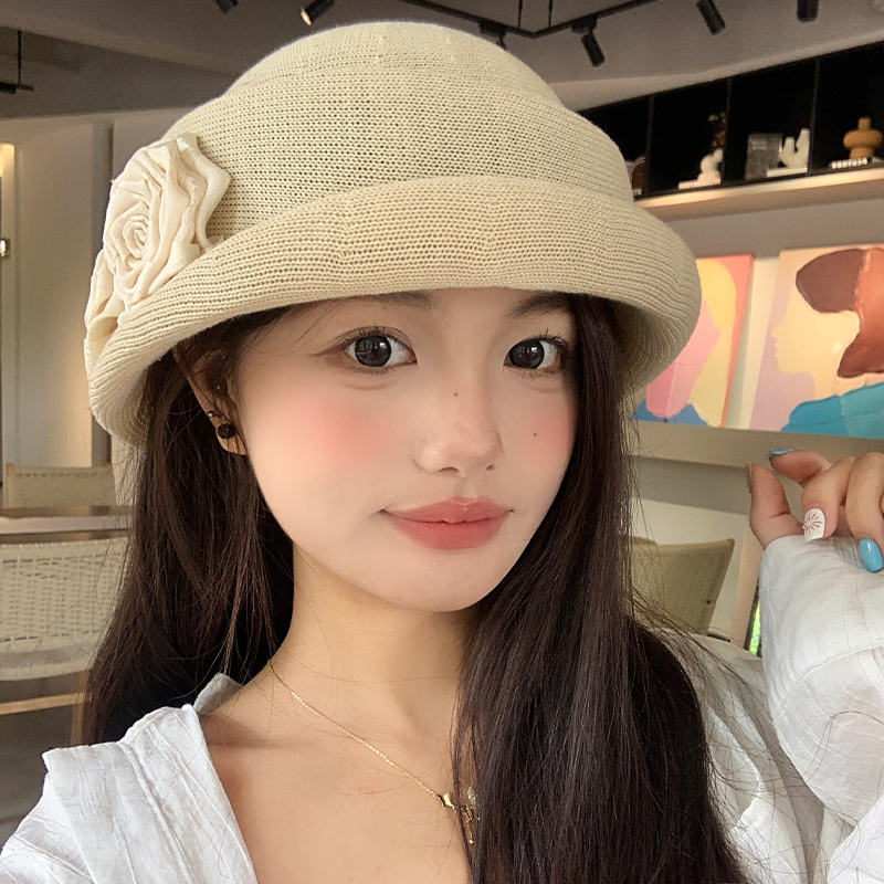 山茶花卷边亚麻贝雷帽女春夏季