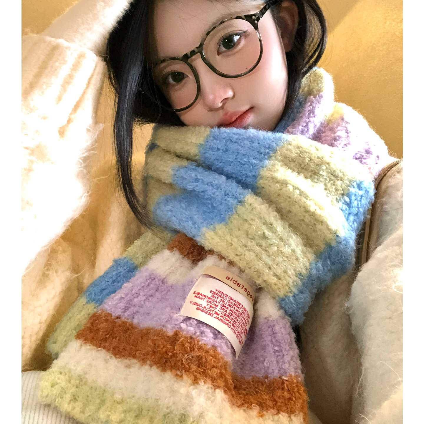 多巴胺撞色条纹含羊绒针织围巾女