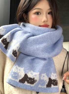 蓝色可爱卡通猫咪针织围巾女秋冬