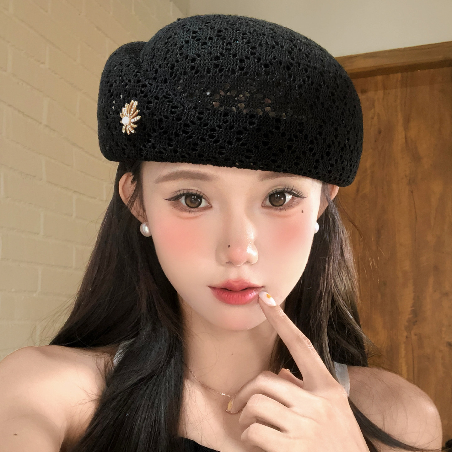 时尚黑色镂空针织贝雷帽女夏季图片