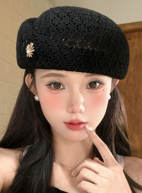 时尚黑色镂空针织贝雷帽女夏季