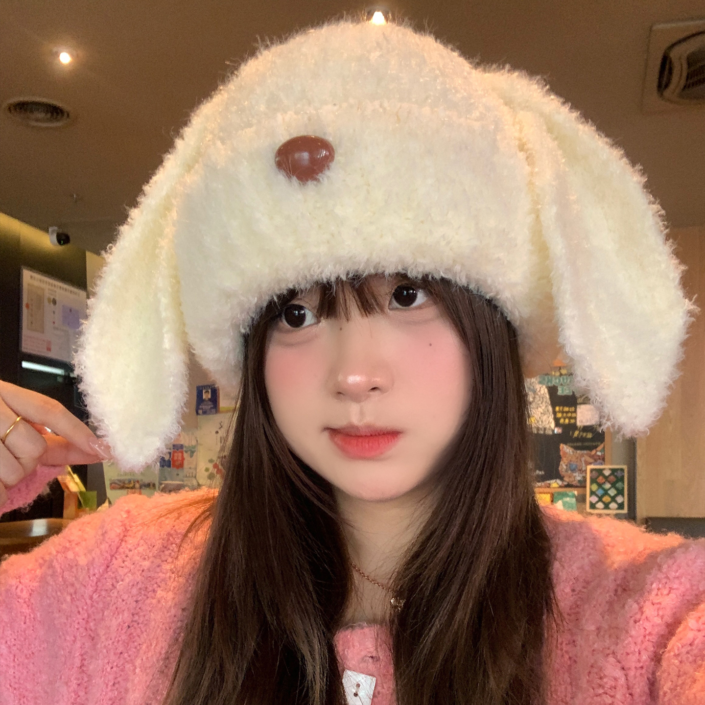 可爱长耳朵小狗毛绒针织帽子女