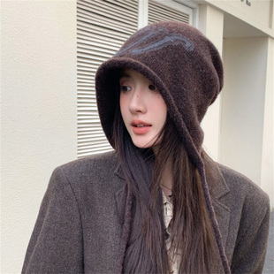 韩版秋冬新款后开叉卷边针织包头帽女户外休闲大头围保暖护耳帽子