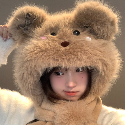 可爱小熊耳朵会动毛绒帽子围巾女