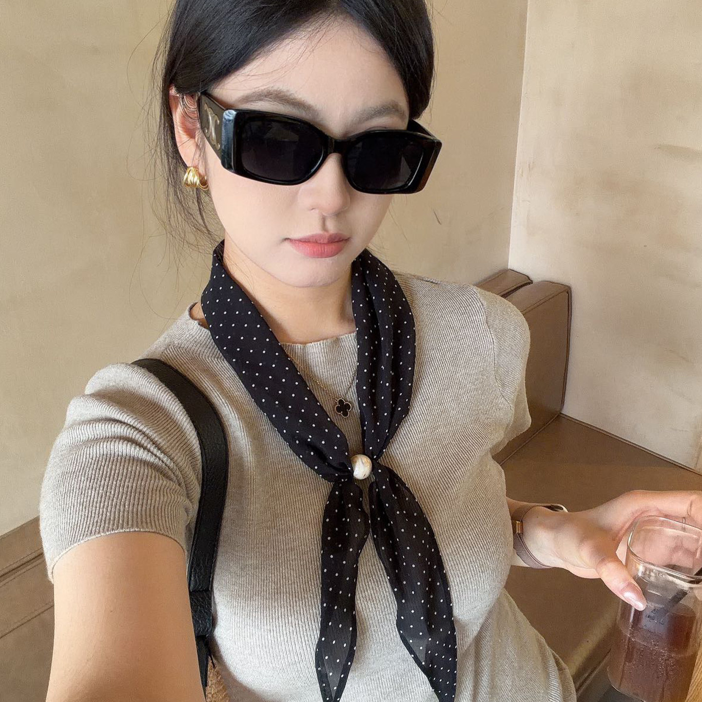 韩系复古波点串珠丝巾细长条系脖图片