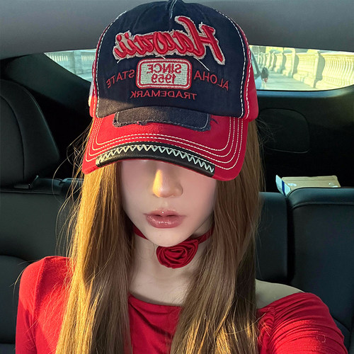 美式复古做旧牛仔红色棒球帽女