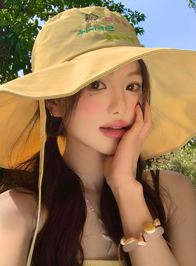 可爱小猫刺绣黄色渔夫帽女春夏户外徒步登山帽可折叠遮阳防晒帽子