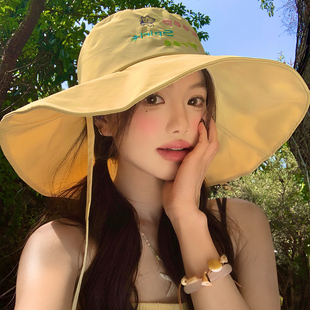 可爱小猫刺绣黄色渔夫帽女春夏户外徒步登山帽可折叠遮阳防晒帽子