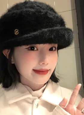 千金风黑色兔毛绒礼帽女冬保暖高级感盆帽显脸小气质优雅渔夫帽子