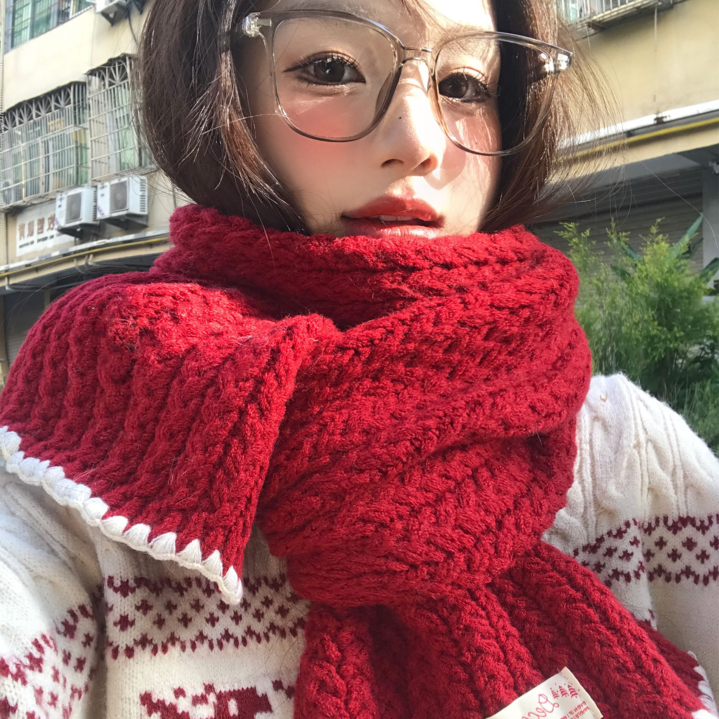 新年圣诞红色锁边针织毛线围巾女