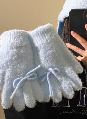 蓝色蝴蝶结针织毛线手套女冬季分指加绒加厚保暖防寒学生户外骑行