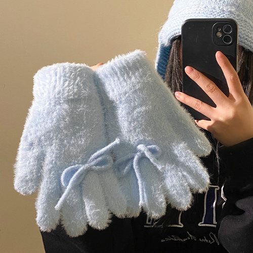 蓝色蝴蝶结针织毛线手套女秋冬季