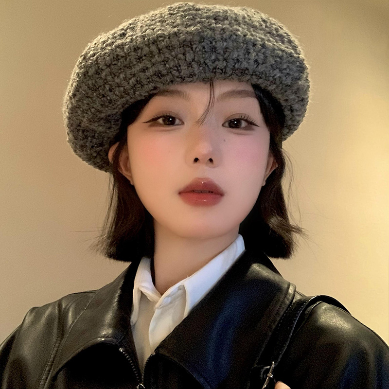 灰色针织毛线贝雷帽女2025年秋冬
