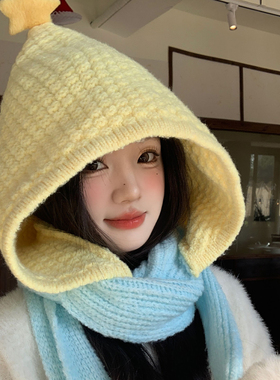 可爱黄色星星针织毛线帽子围巾一体女冬巴拉克拉法帽保暖连帽围脖