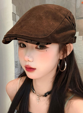 复古豹纹麂皮绒前进帽女秋冬反戴