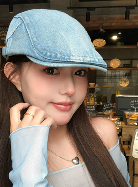 复古蓝色水洗牛仔前进帽女士高级感大头围时尚文艺报童帽贝雷帽子