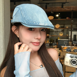 复古蓝色水洗牛仔前进帽女士高级感大头围时尚文艺报童帽贝雷帽子