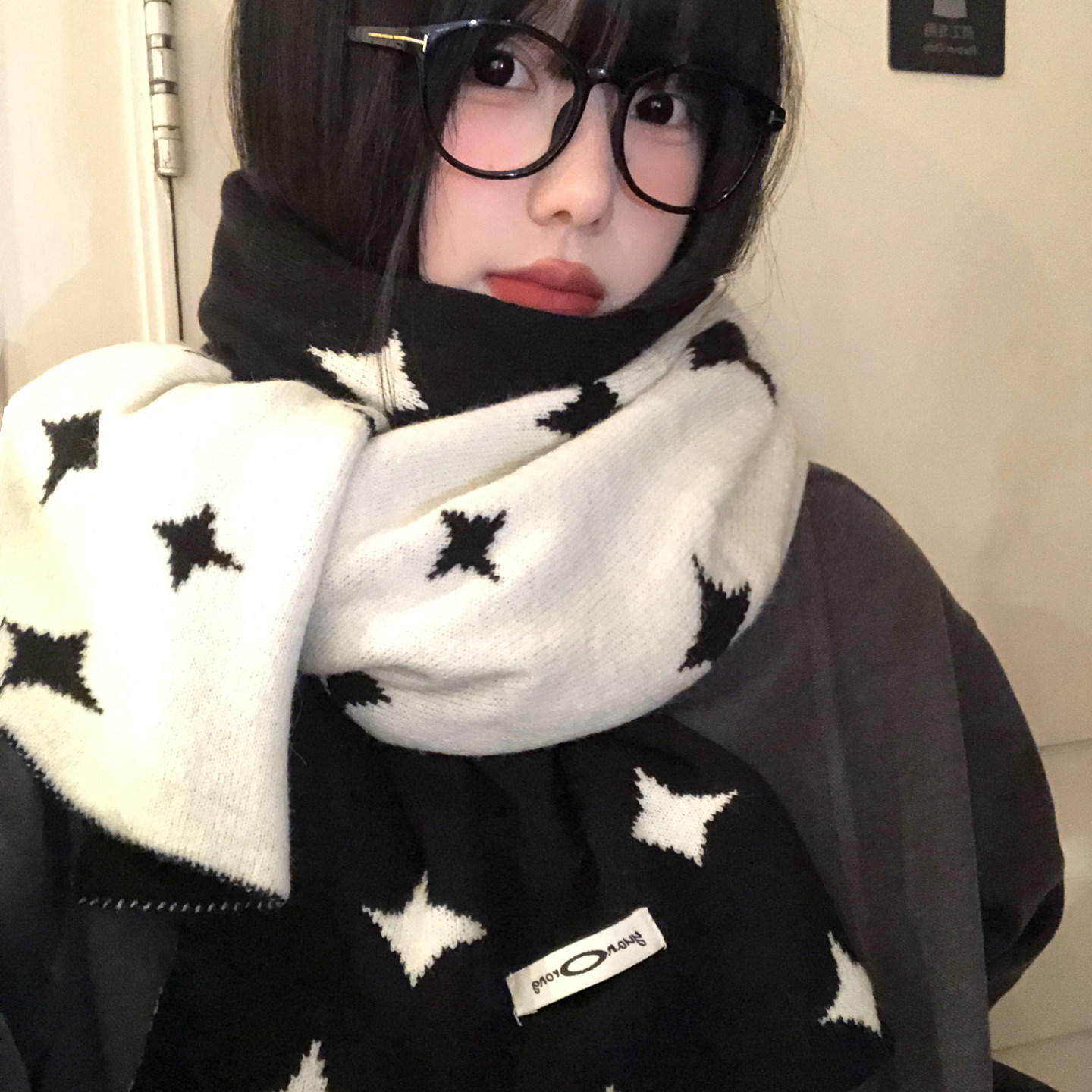 高级感黑白星星双面针织围巾女秋冬季保暖加厚护颈氛围感披肩围脖