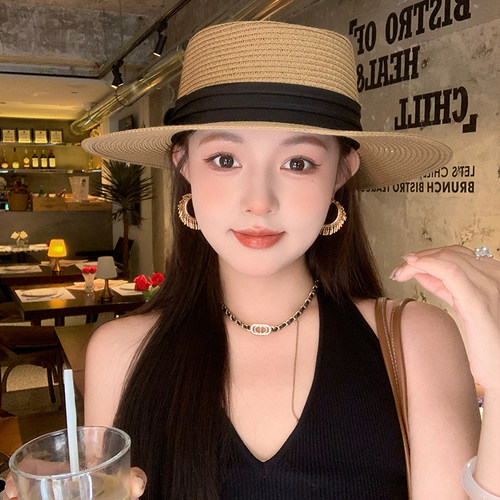 法式赫本风平顶草帽女夏季平檐