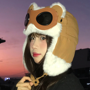 卡皮巴拉可爱眼镜护耳飞行帽女冬加厚保暖骑行雷锋帽防寒毛绒帽子
