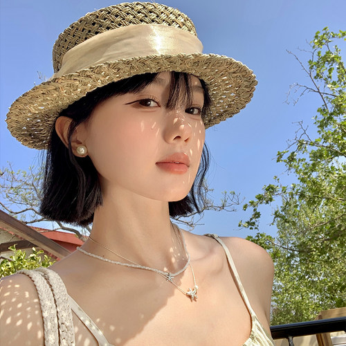 老钱风复古平顶镂空草帽女夏季