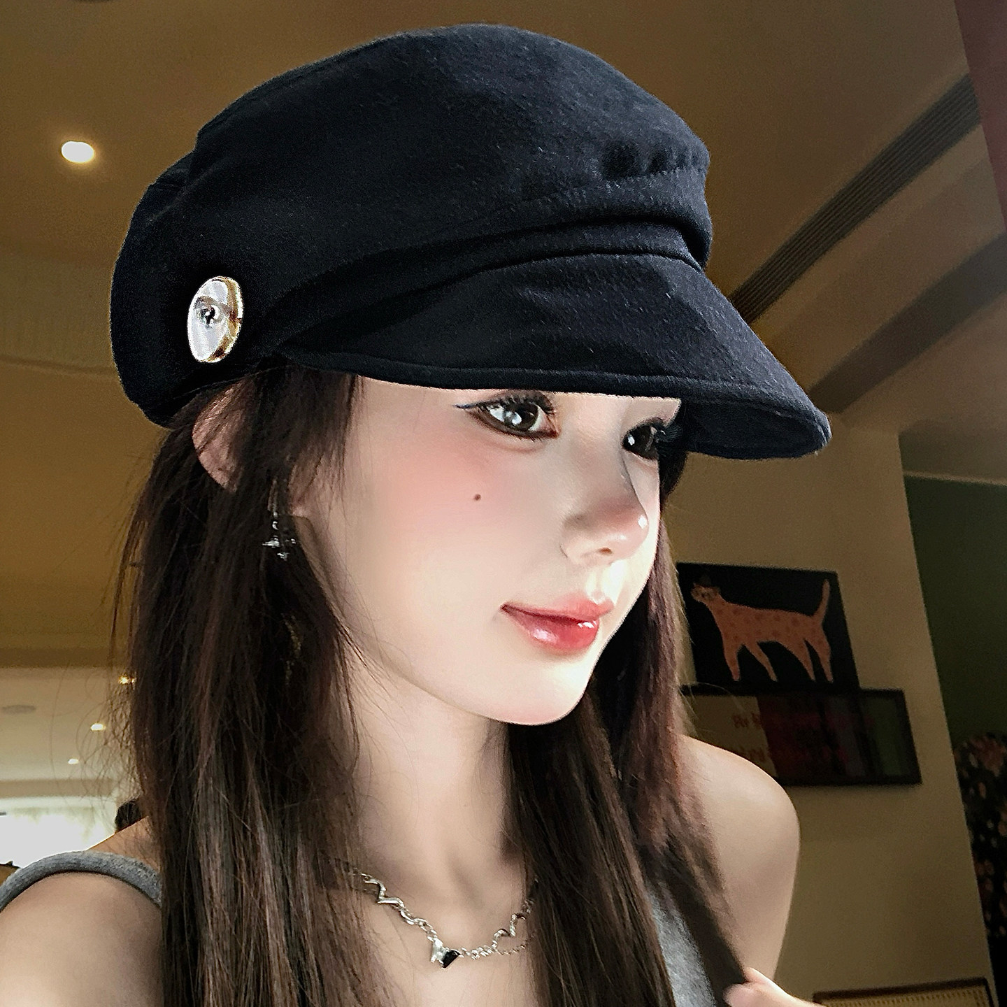 复古黑色扣边褶皱八角贝雷帽子女图片