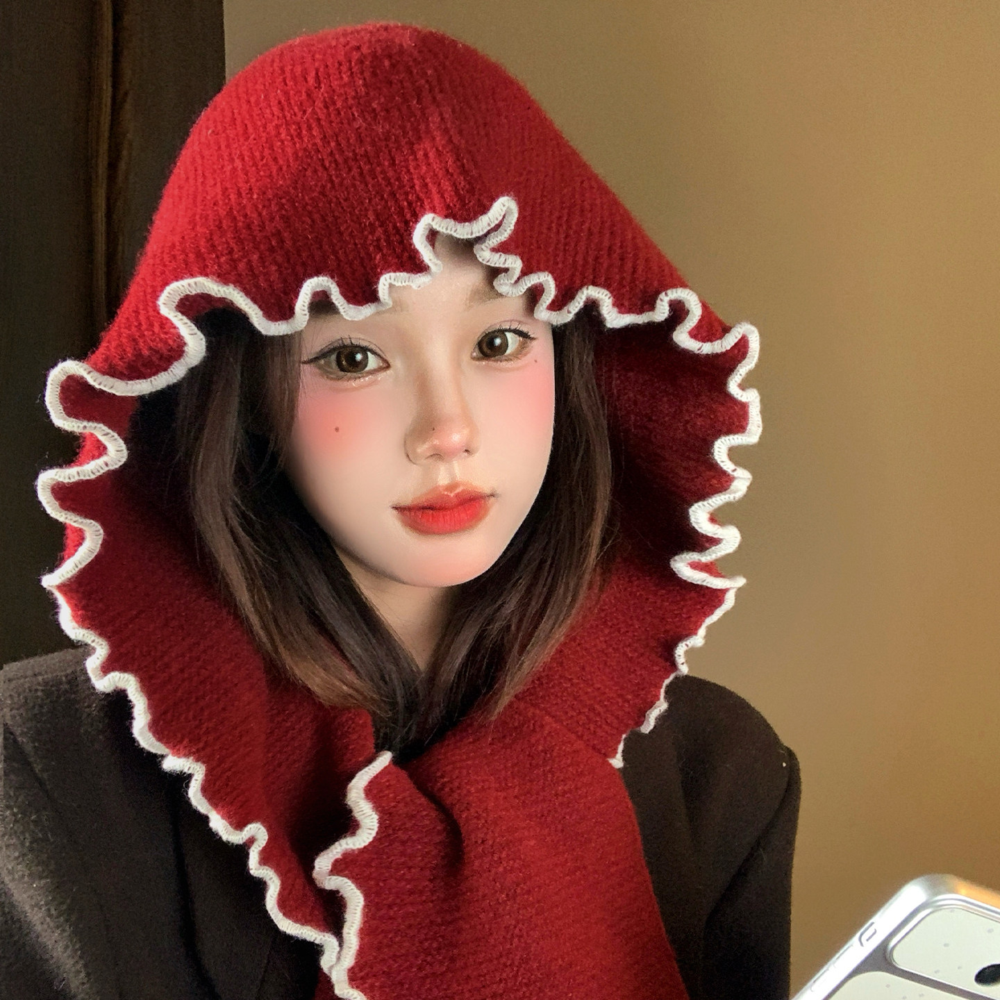 红色木耳边锁边针织毛线帽子围巾一体女秋冬保暖护耳巴拉克拉法帽