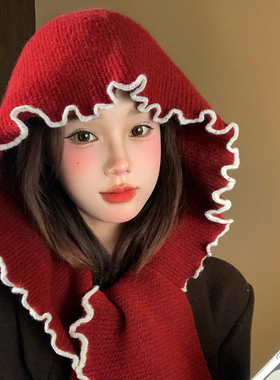 红色木耳边锁边针织毛线帽子围巾