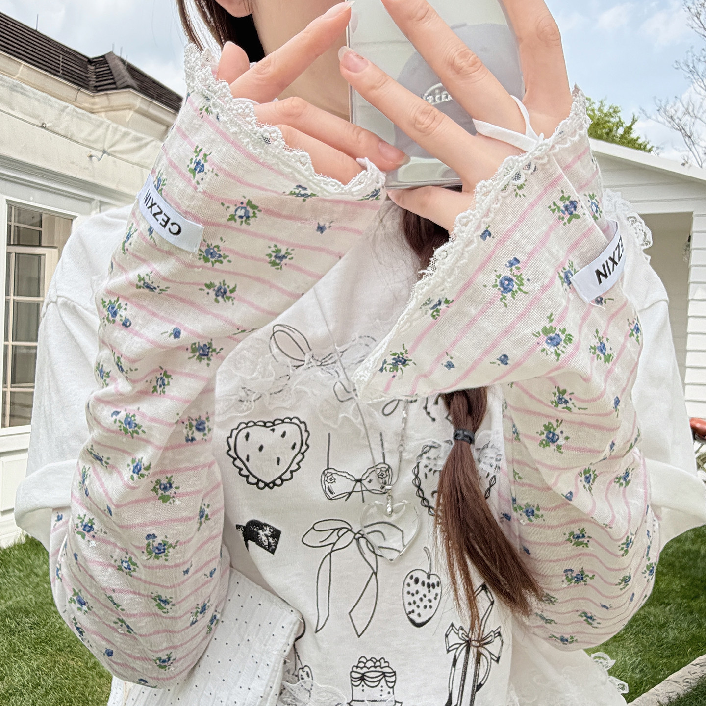 蕾丝碎花条纹防晒袖套女款夏透气宽松户外开车骑行护手臂遮阳冰袖