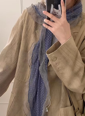 藤井树同款灰蓝色波点蕾丝边丝巾女木耳边长款围巾川西披肩穿搭