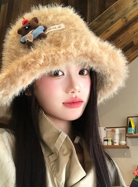 可爱玩偶小熊毛绒渔夫帽女秋冬保暖盆帽大头围加厚高级感水桶帽子