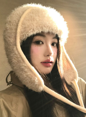 白色毛绒针织护耳帽女秋冬季保暖防寒雷锋帽显脸小大头围毛线帽子