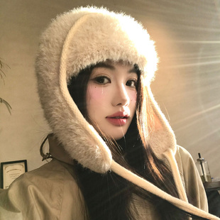 白色毛绒针织护耳帽女秋冬季保暖防寒雷锋帽显脸小大头围毛线帽子