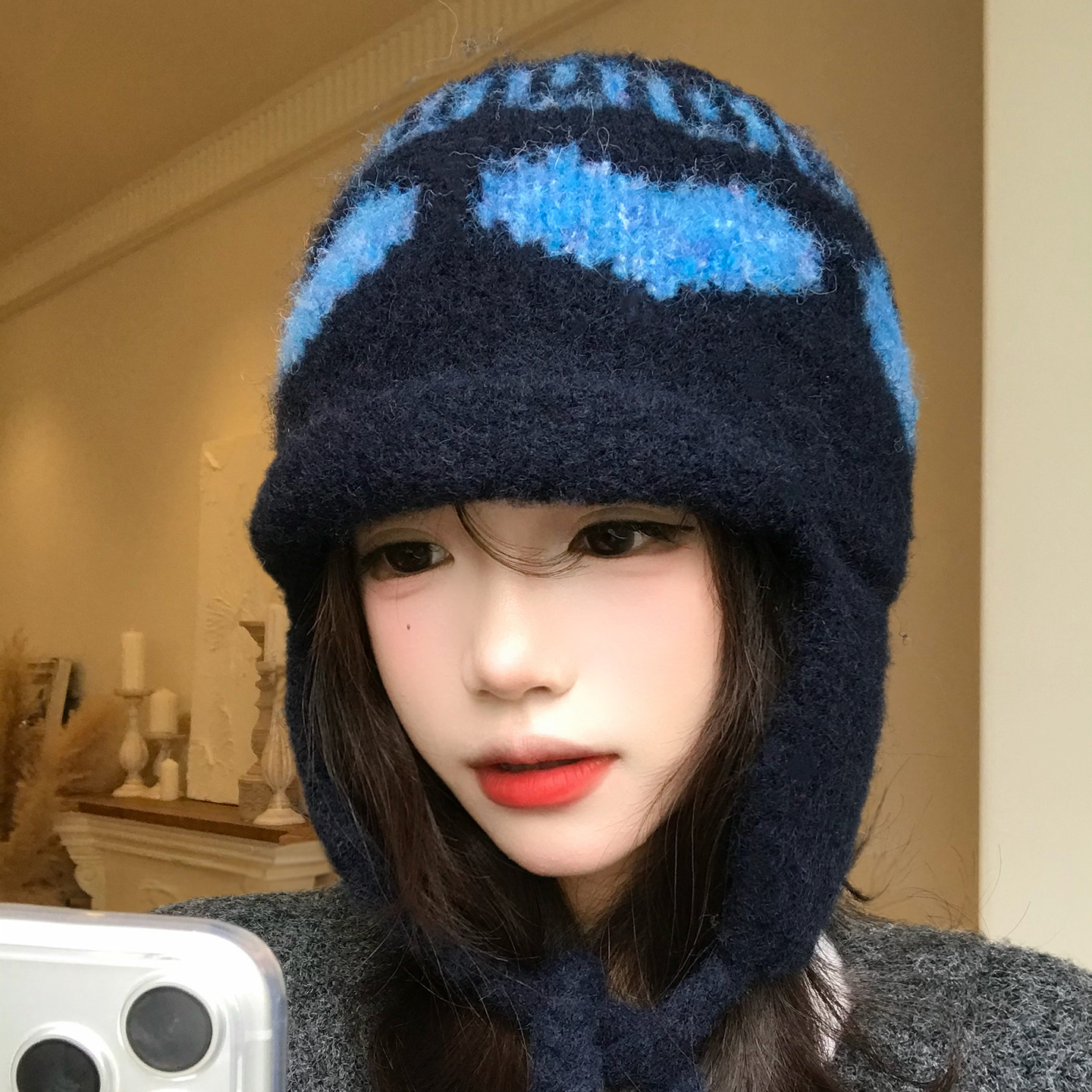 韩系ins风蓝色爱心针织毛线帽女冬季大头围保暖防寒护耳雷锋帽子,服饰配件/皮带/帽子/围巾,帽子,淘宝优惠券,粉丝福利购,淘宝优惠卷