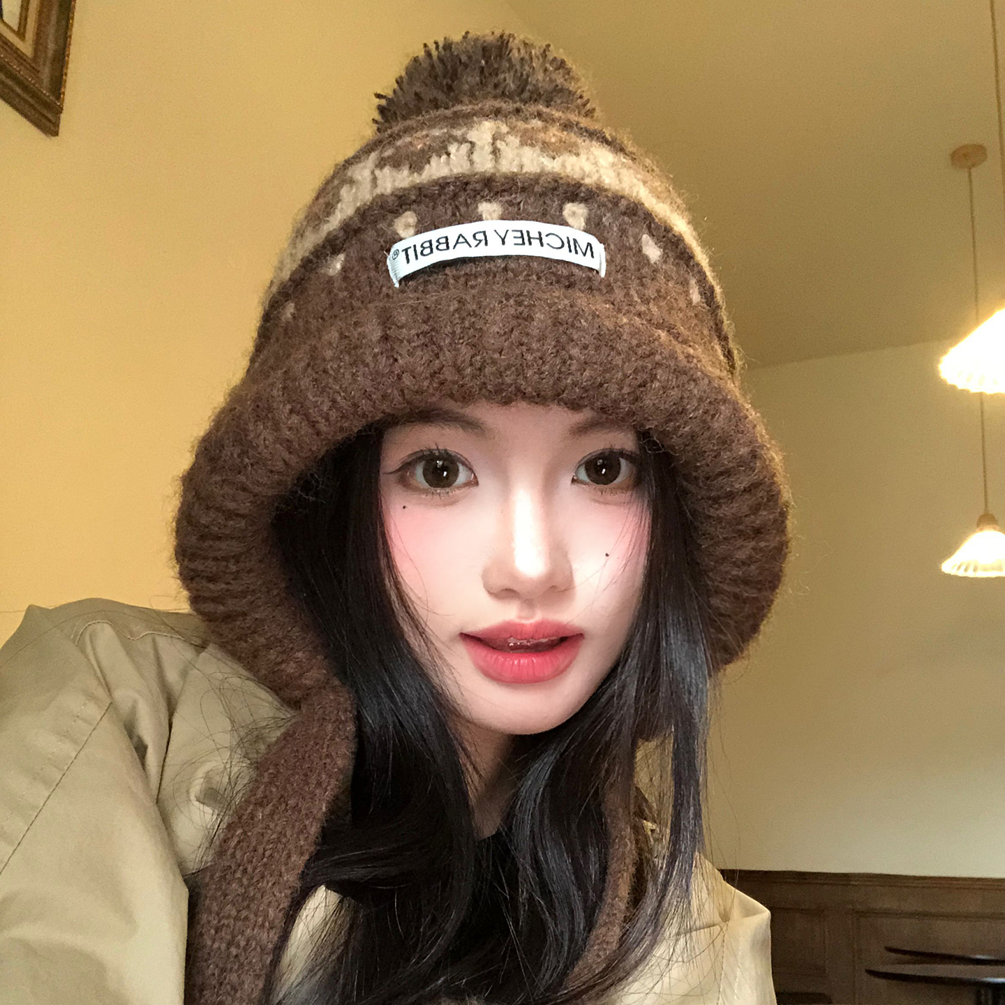 费尔岛咖色大头围针织毛线帽女