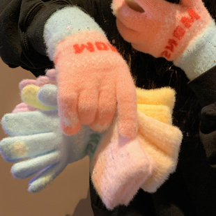 多巴胺雪花水钻针织毛线手套女秋冬季 可爱加厚保暖防寒分指可触屏