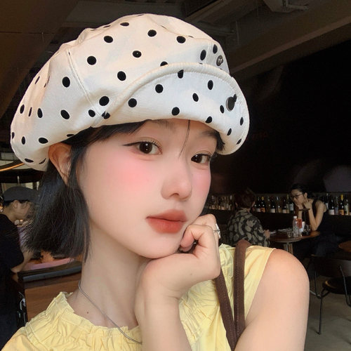 复古波点翻檐两戴八角贝雷帽女