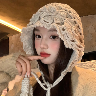 川西旅游民族风米色针织包头帽子女显脸小镂空手工编织流苏套头帽
