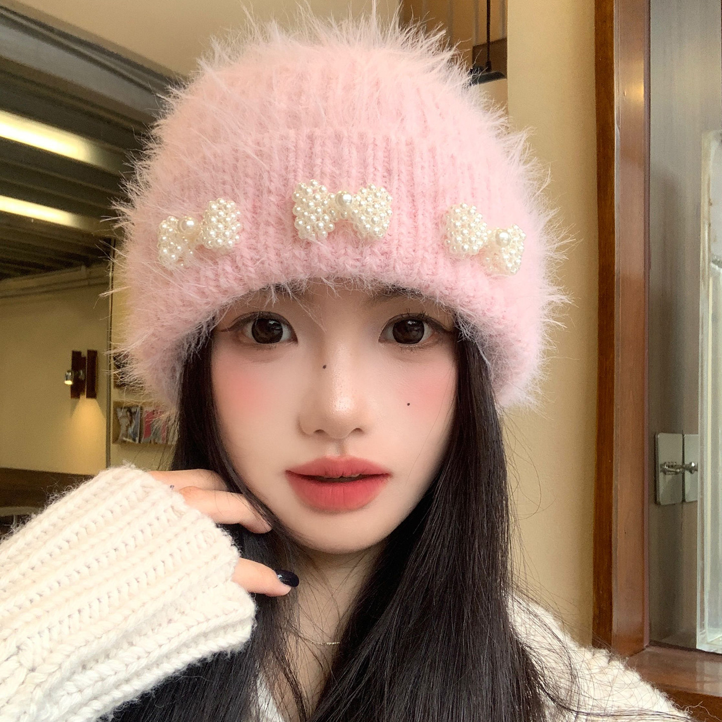 粉色蝴蝶结毛绒针织帽女秋冬季