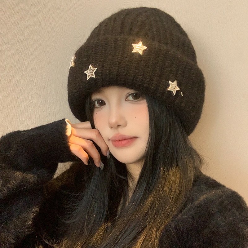 大头围黑色星星包头帽女冬显脸小