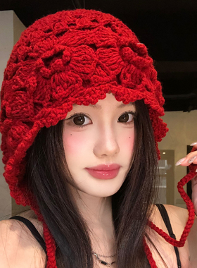 川西旅游手工钩花流苏针织毛线帽子女款复古红色显脸小包头套头帽