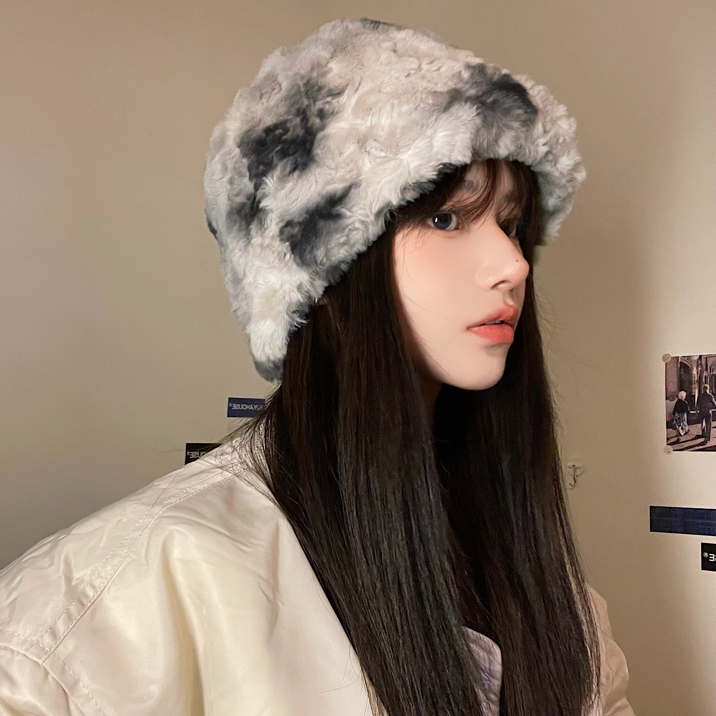 帽子女2021新款渔夫帽盆帽秋冬季毛毛绒绒毛茸茸大头围显脸小百搭