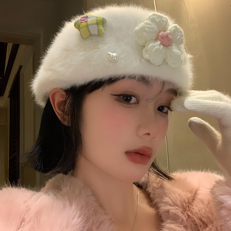 花朵兔毛白色贝雷帽女2025秋冬季帽子大头围显脸小百搭毛绒帽子潮