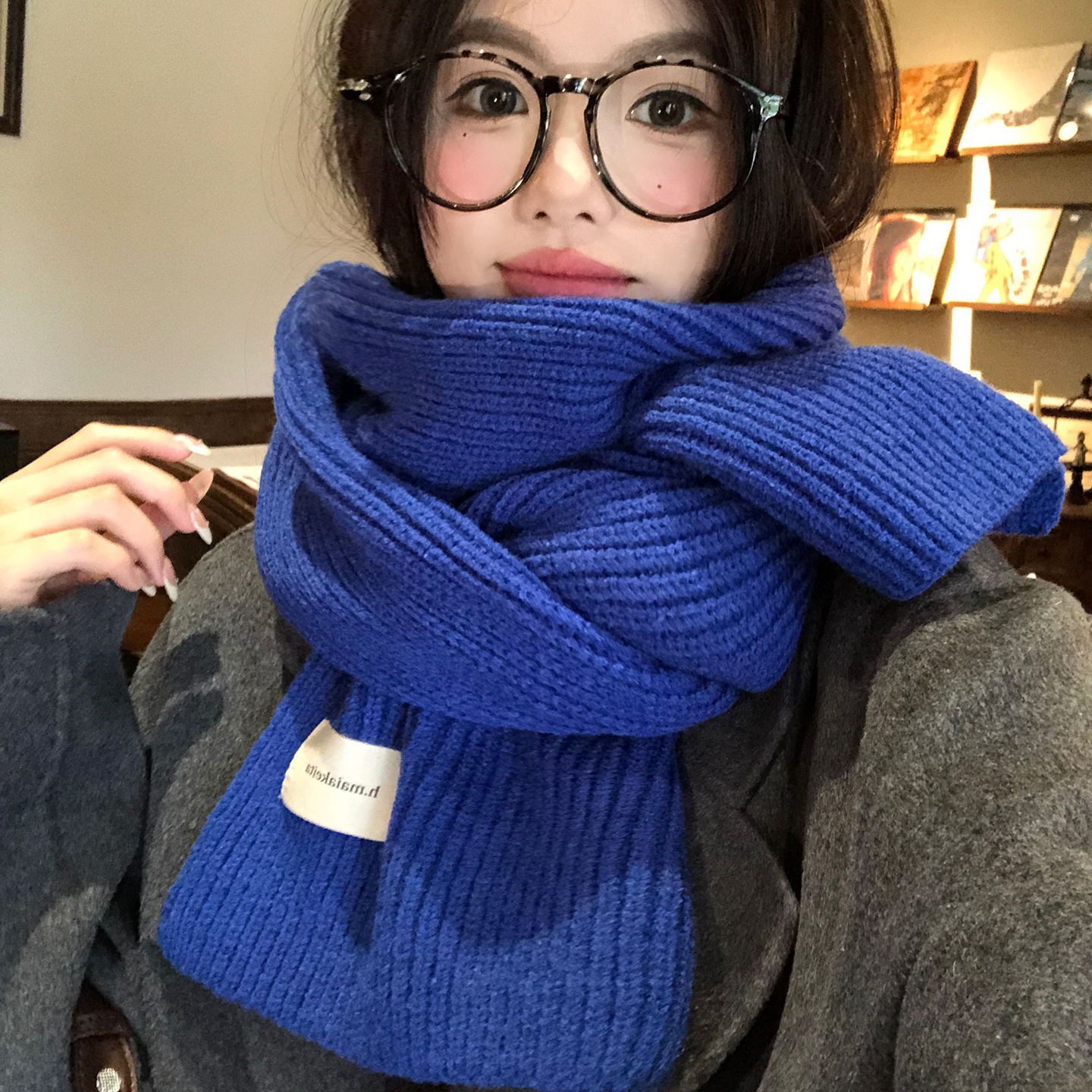 韩系蓝色针织毛线围巾女2025新款