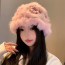 可爱粉色兔毛毛绒帽子女2025年秋冬季 加厚保暖针织帽显脸小皮草帽